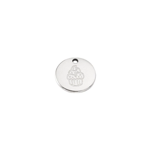 Polished silver stainless steel round pendant featuring an engraved cupcake design