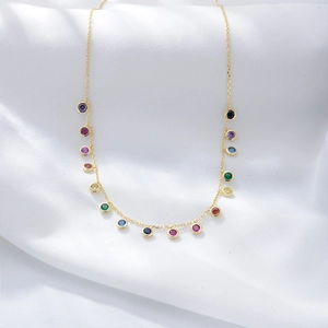 Elegant gold S925 silver necklace with a curved pendant of colorful round zircons