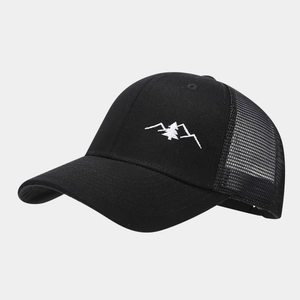 Close-up of mountain embroidery and breathable mesh texture on this black baseball cap