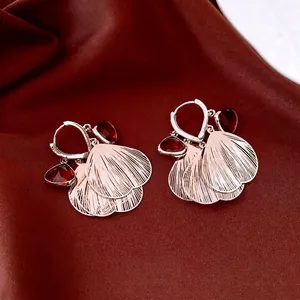Fan Shaped Layered Petal Dangle Earrings Copper Red Glass Teardrop Vintage Fashion Jewelry Women