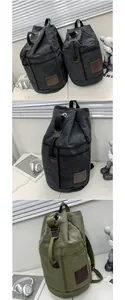 Detail of cargo-style canvas backpack with RYH leather patch and drawstring closure