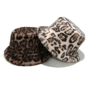 Leopard Print Bucket Hat Faux Fur Warm Winter Autumn Windproof Fashionable Round Top Short Brim For Women