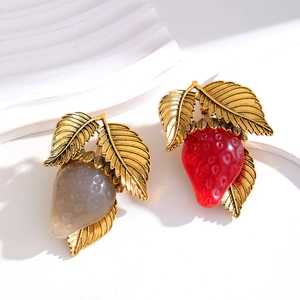 Vintage resin strawberry brooches with gold alloy leaves in red and transparent grey