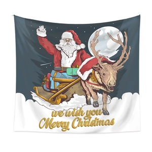 Detailed Christmas wall tapestry featuring Santa in a sleigh with reindeer and moon