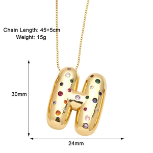 Detailed specs of balloon H letter gold necklace with colorful cubic zirconia stones