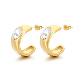 Minimalist gold-plated stainless steel C-shaped stud earrings with oval rhinestones