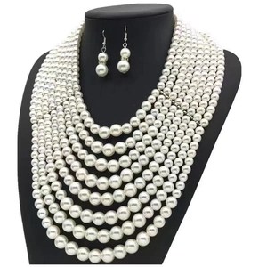 Elegant multi-layer pearl necklace set with matching earrings on a black mannequin