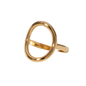 Minimalist oval geometric open ring in polished gold finish on white background