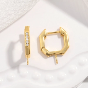 Golden hexagonal S925 silver hoop earrings with sparkling zircon for DIY jewelry making