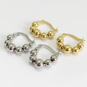French style S925 sterling silver geometric beaded hoop earrings in gold and silver