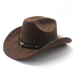 Western Cowboy Hat Retro Suede Felt Wide Brim With Bull Head Skull Metal Ornament Rivets For Men Women Vintage Style