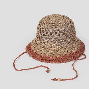 Detailed macro of hollow-out straw hat weave texture with contrast stitching and beads