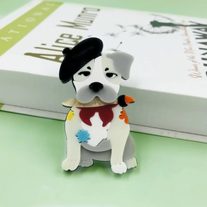 Cartoon Artist Dog Acrylic Brooch French Bulldog Pin With Black Beret Red Scarf Artistic Fashion Accessories For Bag Suit