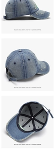 Detail view of washed cotton baseball cap with distressed brim and metal buckle