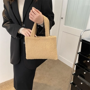 Chic khaki plush handbag for women stylish faux fur tote bag for autumn winter season