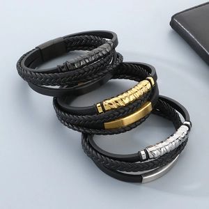 Men Multi-layer Braided Leather Bracelet Stainless Steel Magnetic Clasp Punk Style Hip Hop Accessory