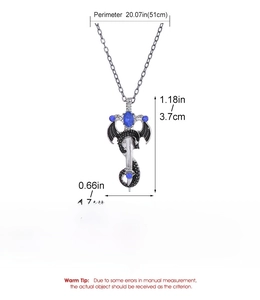 Detailed size specifications for a dragon sword pendant necklace in silver and blue