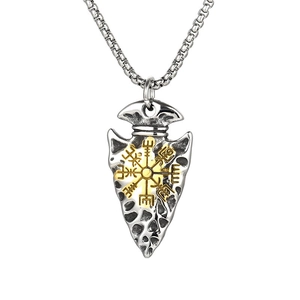 Vintage Viking Vegvisir compass arrow pendant in silver and gold stainless steel