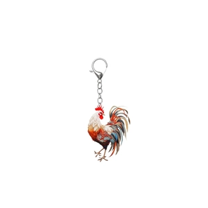 Colorful 2D acrylic rooster keychain with bright feathers and metal lobster clasp