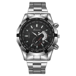 Luxury men's silver stainless steel quartz watch with black dial and luminous hands