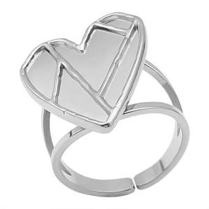 Detail of silver-tone adjustable ring featuring double-layered band and geometric heart charm