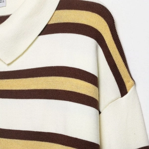Polo collar striped knit sweater in beige, brown and yellow wide stripe pattern