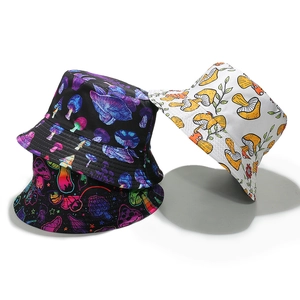 Mushroom Print Reversible Bucket Hat Polyester Sunshade Foldable Streetwear Style For Women Casual Outing
