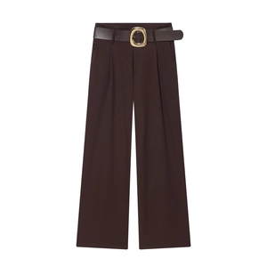 Women High Waist Wide Leg Pants With Faux Leather Belt Metal Buckle Elegant Business Casual Straight Trousers Brown