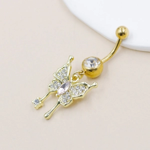 Piercing de nombril papillon doré avec cristaux roses et clairs étincelants