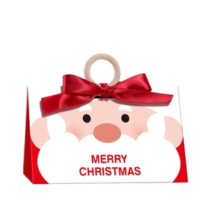 Festive Christmas gift box in red and white with satin ribbon and round handle