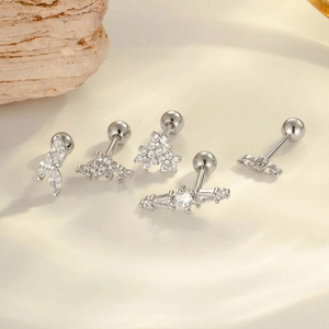 Five-piece silver flower screw-back cartilage studs with clear cubic zirconia crystals