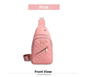 Front view of pink quilted nylon chest bag with multi-layer zippers and adjustable strap