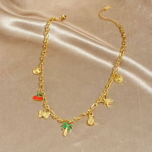Gold-plated summer necklace with colorful fruit and coconut tree charms on satin fabric