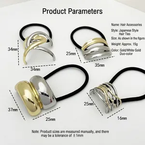 Geometric dual-tone gold and silver alloy ponytail holder elastic hair tie set