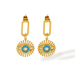 Golden stainless steel evil eye drop earrings with blue enamel in a rectangle link design