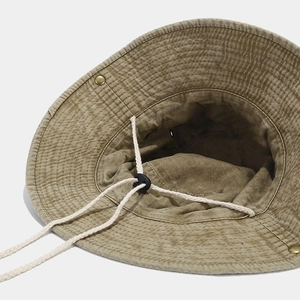Retro washed cotton wide brim sun hat with adjustable drawstring and metal snap buttons