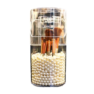 Clear acrylic makeup brush holder with dustproof lid and white pearl beads filler