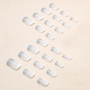French white press-on nails with silver glitter gradient and 24-piece square design