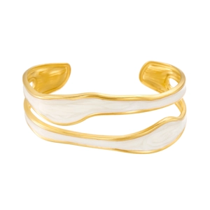 Vintage irregular open bangle with gold stainless steel and white enamel wave design