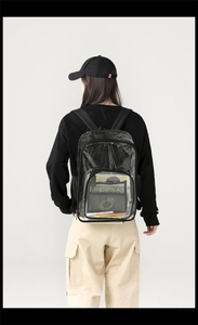 Rear view of a transparent PVC backpack with black straps showing capacity and fit
