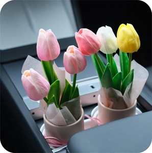 Artificial Tulip Flower Handmade Bouquet PU Realistic Floral Arrangement Small Pot Bucket Home Car Decor Gift