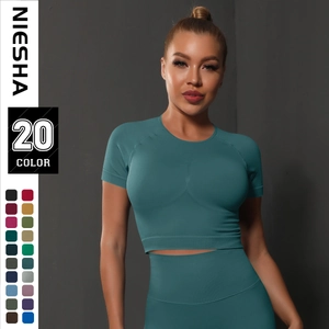 Haut de Sport Sans Couture pour Femmes Manches Courtes Coupe Ajustée Yoga Gym Course Crop Top Couleur Unie Respirant