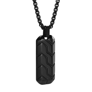 Industrial black stainless steel rectangle pendant necklace with tire tread pattern