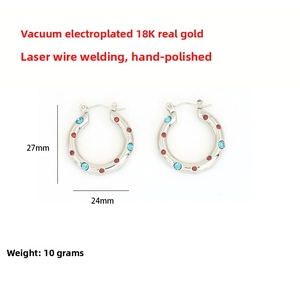 Macro view of hoop earrings with red and blue crystals showing 27mm height dimensions