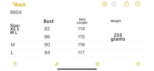Tableau des tailles pour robe longue à rayures avec mesures du buste de XS à L