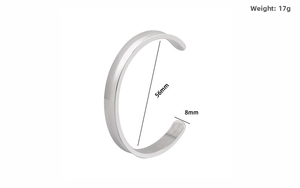 Polished 8mm stainless steel cuff bracelet with 56mm inner diameter and 17g weight detail