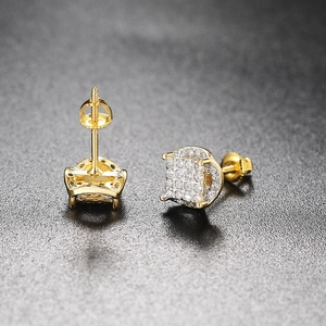 Detailed view of hip hop square stud earrings with gold plating and cubic zirconia