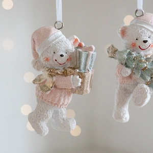 Cute white resin Christmas bear ornaments with pink scarves for tree decoration
