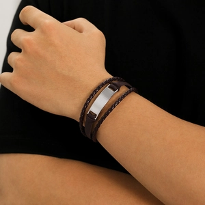 Men's multi-layer dark brown braided leather bracelet with a polished silver metal plate