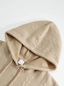 Detail of hood neckline on men's lightweight jacquard hoodie with 100% polyester fabric